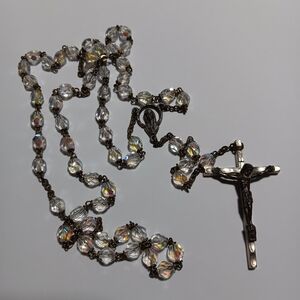 VINTAGE 1950s AURORA BOREALIS CRYSTAL ROSARY Silver Crucifix Clear AB Beads
